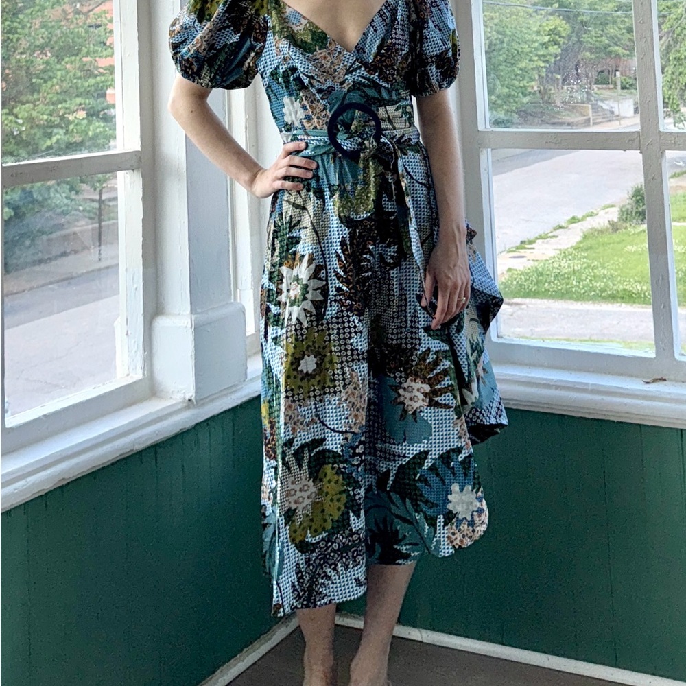 SOLD: 
Sachin and Babi blue green floral Floral V-Neck Midi wrap Dress